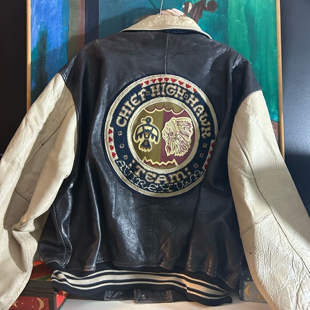 Rare Avirex Chief High Hawk American Team Leather Jacket Indian Head XL - Picture 2 of 16